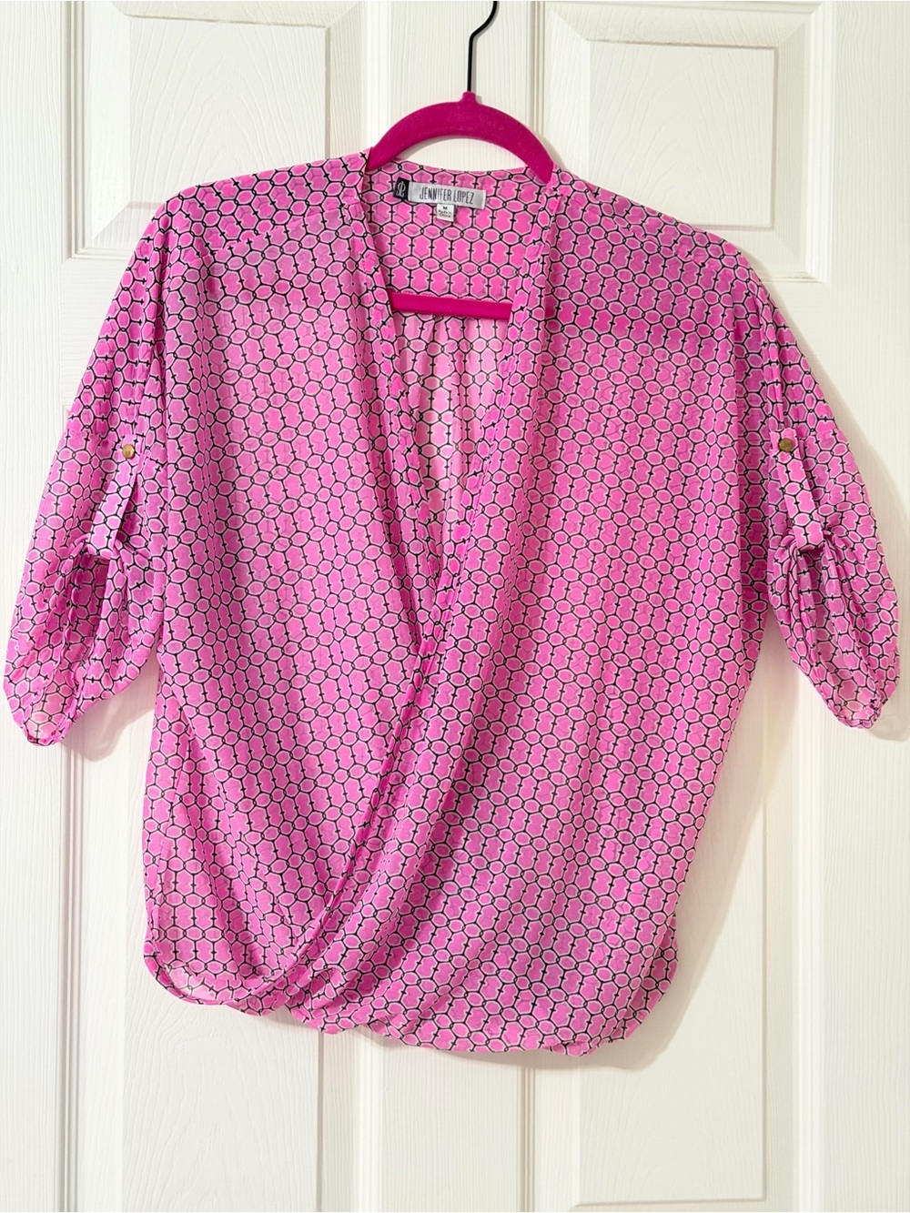 Jennifer Lopez Hot Pink Geometric Wrap-Front Blouse